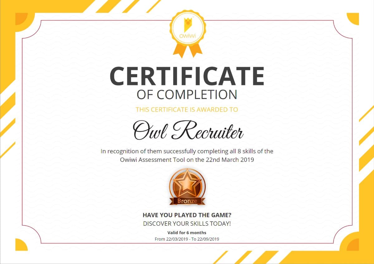 An example Owiwi certificate of completion, valid for 6 months