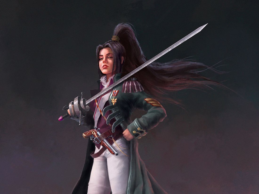 Captain Darnica, one of the Owiwi characters, holding a sword